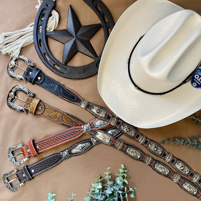 Bull Head Scalloped Concho Western Belt - Chestnut