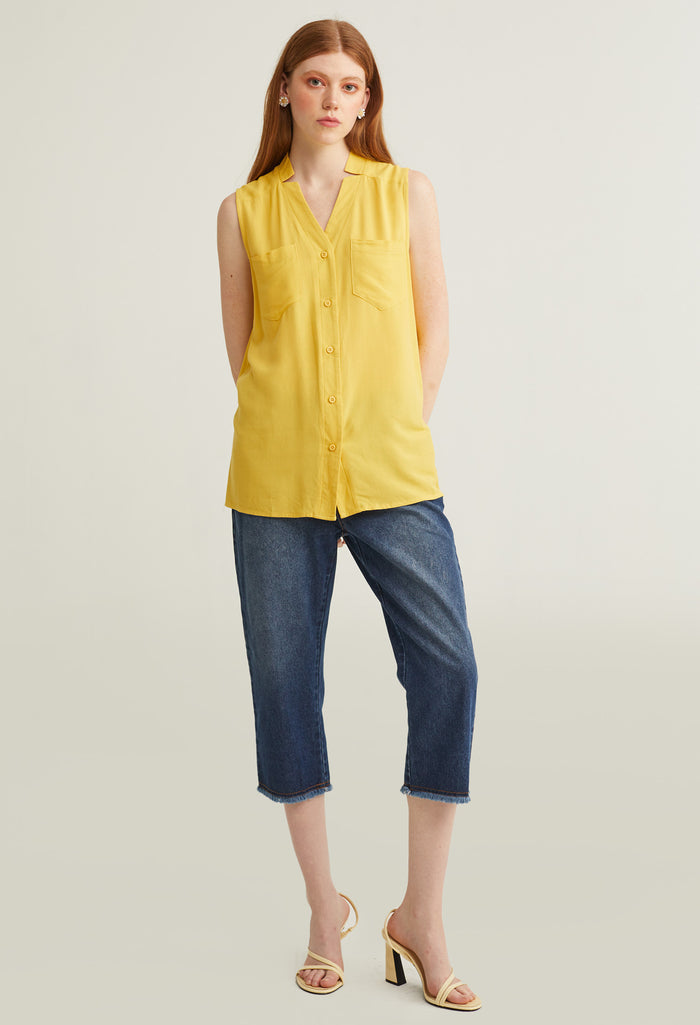 Button Up V-Neck Sleeveless Top