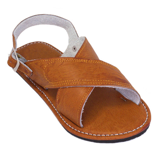 Men's handmade honey leather Mexican sandals featuring adjustable heel strap and genuine leather cross-strap design