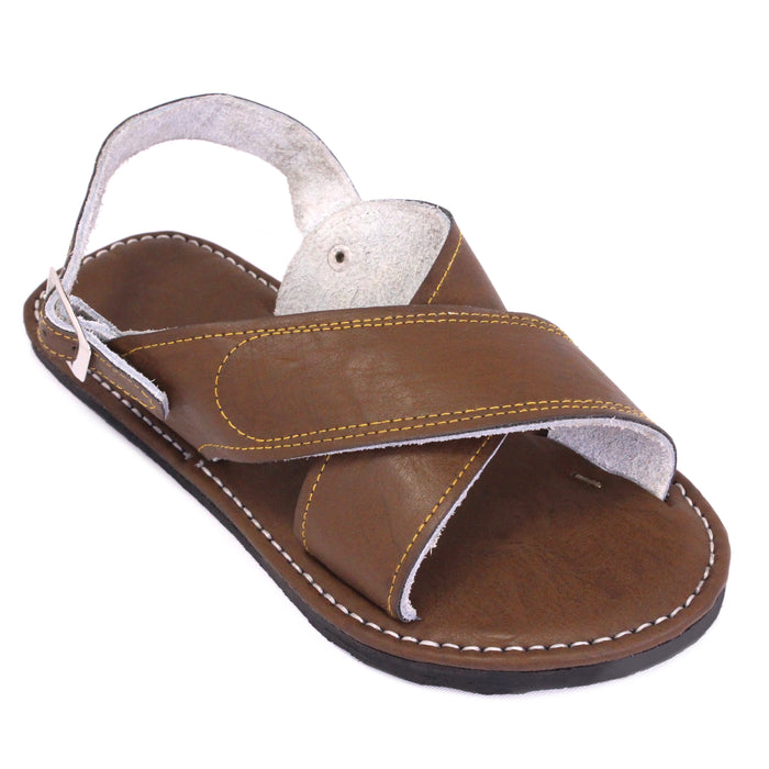 Men's handmade brown leather Mexican sandals featuring adjustable heel strap and genuine leather cross-strap design