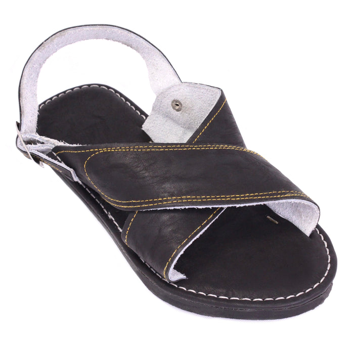 Men's handmade black leather Mexican sandals featuring adjustable heel strap and genuine leather cross-strap design
