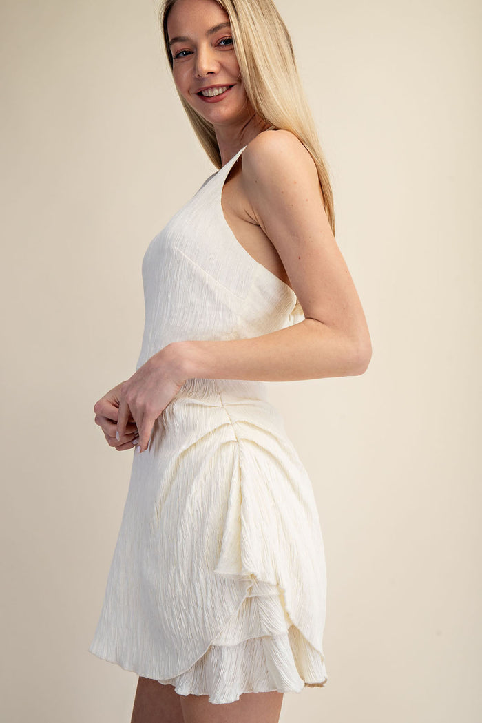 Cascade Midi Dress - Ruched A Line Textured Halter - WHITE