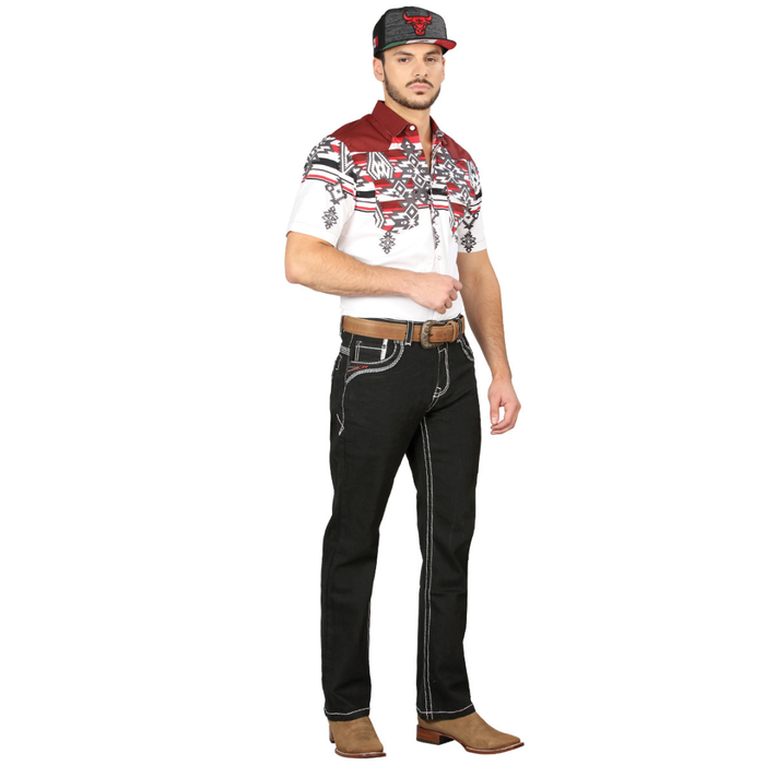 Centenario Men’s Black Bootcut Jeans with white contrast stitching – front view styled with cowboy boots