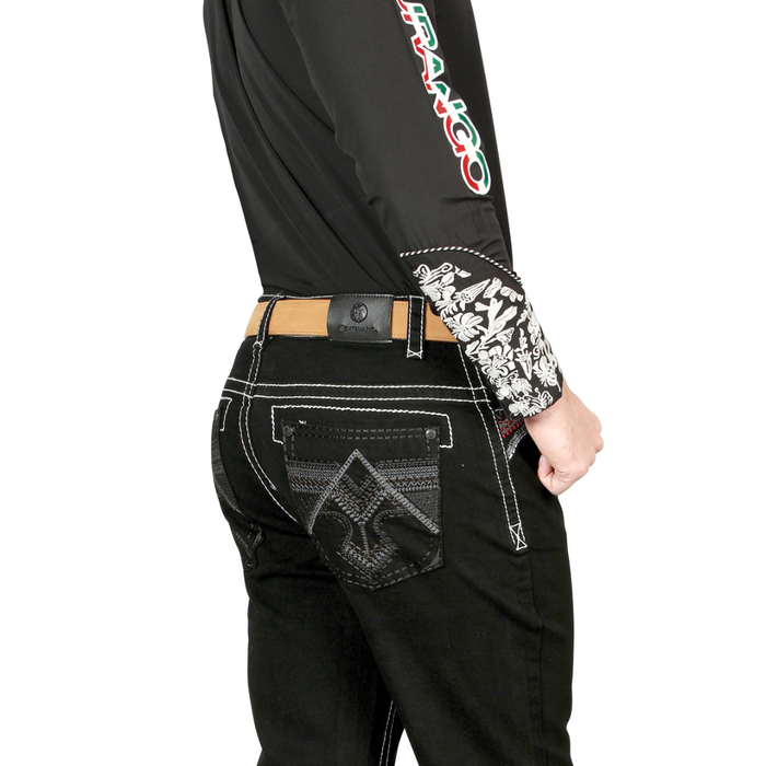 Centenario Men’s Slim Bootcut Western Jeans in Black with White Contrast Stitch – Cowboy Style pocket view