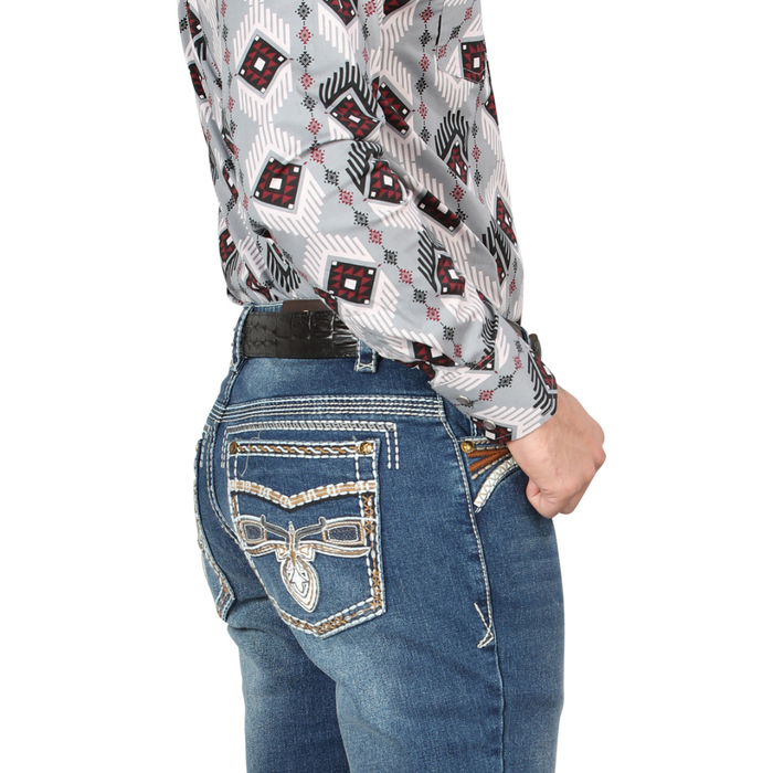 Centenario Men’s Slim Bootcut Western Jeans in Black with White Contrast Stitch pocket view