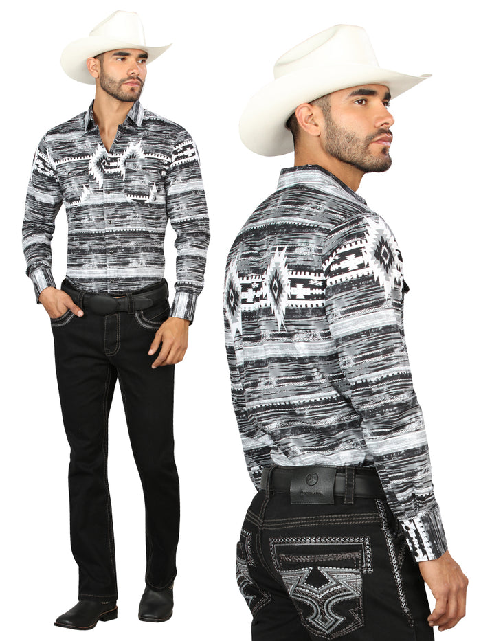 Centenario Men's Black Denim with Gray Embroidered Details