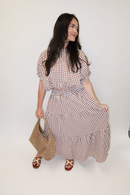 Checked Out Brown Tiered Check Top - The Pink Tulip Clothing