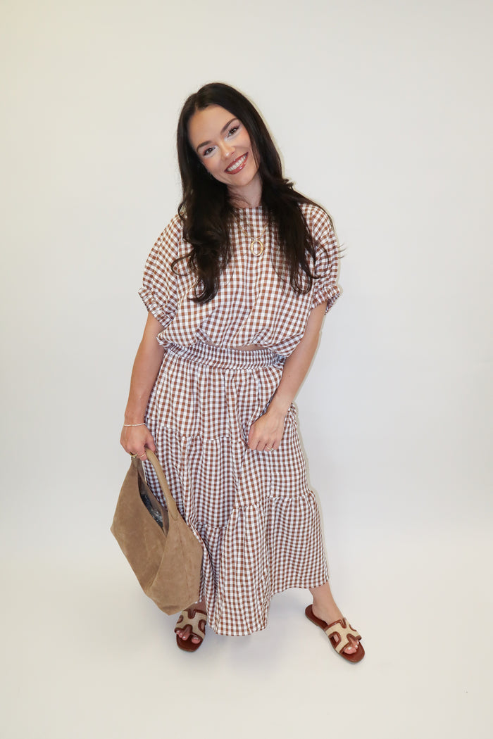 Checked Out Brown Tiered Check Top - The Pink Tulip Clothing