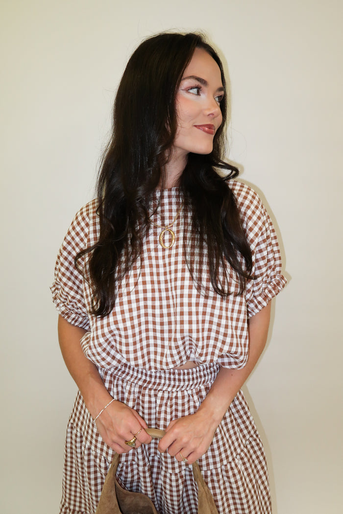 Checked Out Brown Tiered Check Top - The Pink Tulip Clothing