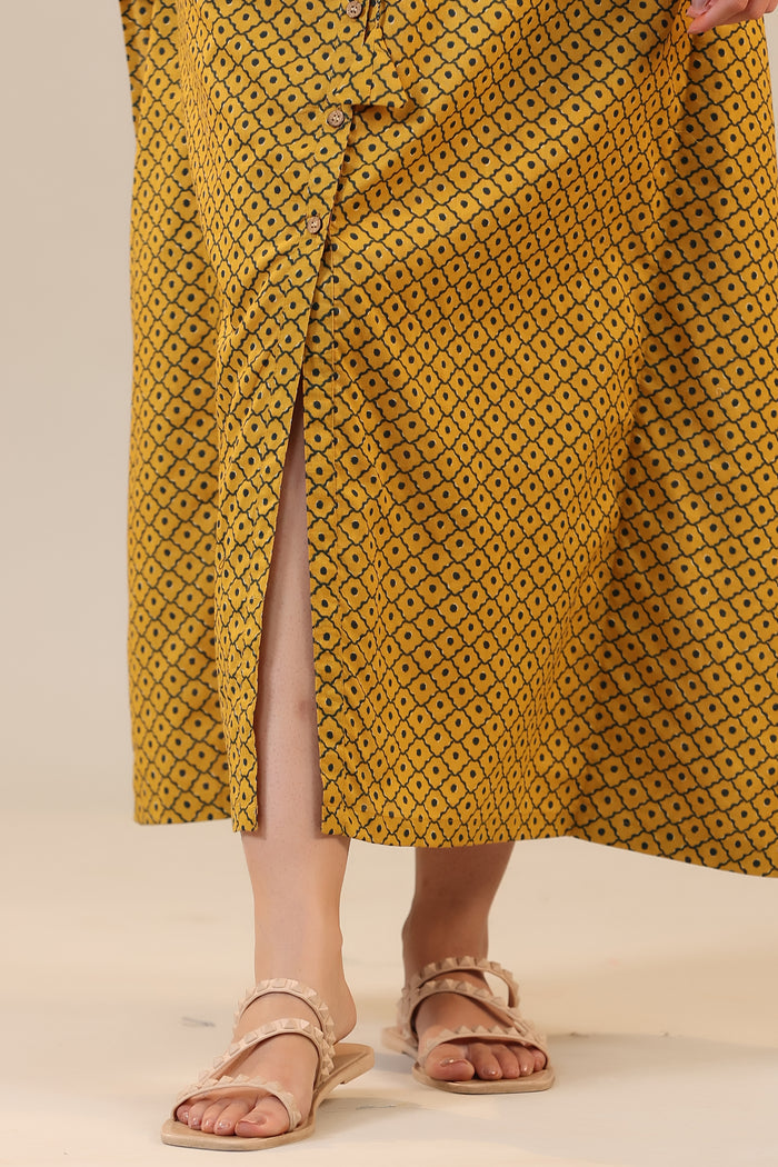 Checkered Dots on Mustard Front Buttoned Kaftan
