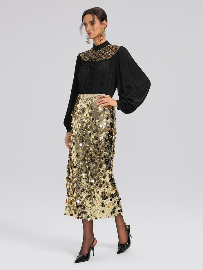 Chiffon Sequin Stand Collar Blouse