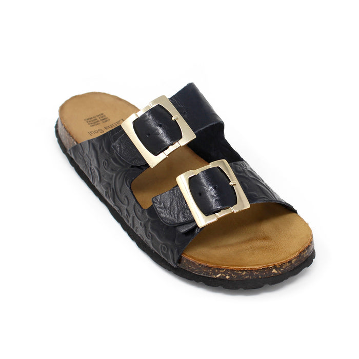 Women’s black Mexican leather sandals with floral embossed straps and silver double buckle design