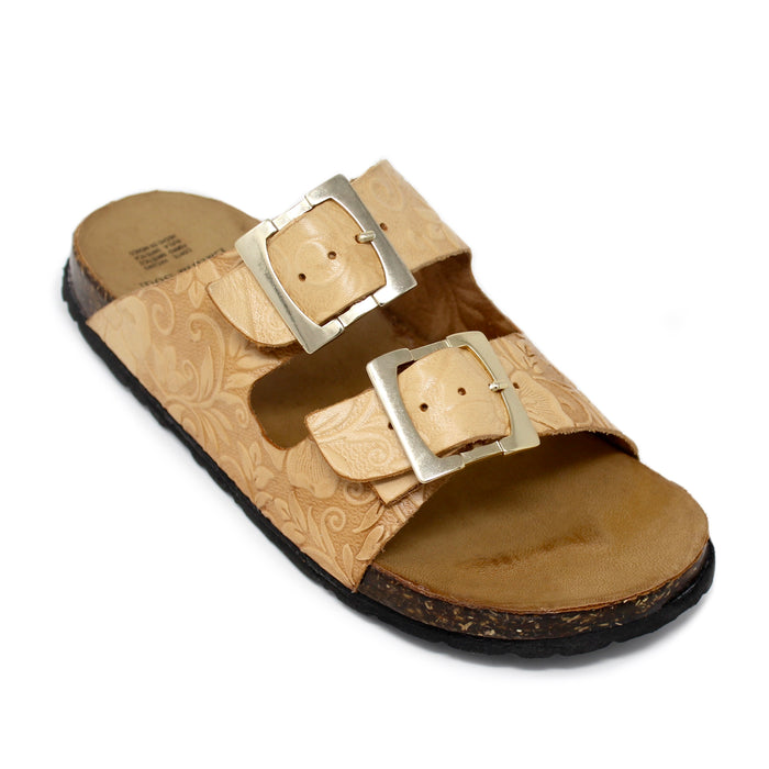 Women’s natural tan Mexican leather sandals with floral embossed straps and silver double buckle design