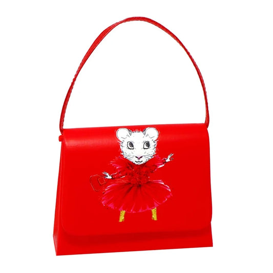 Limited-edition Claris fashion mini handbag in pink featuring signature Claris print, metallic top handle, and optional shoulder strap for girls.