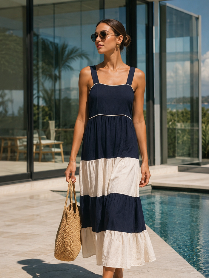 Clarita Block Stripe Maxi Dress Navy