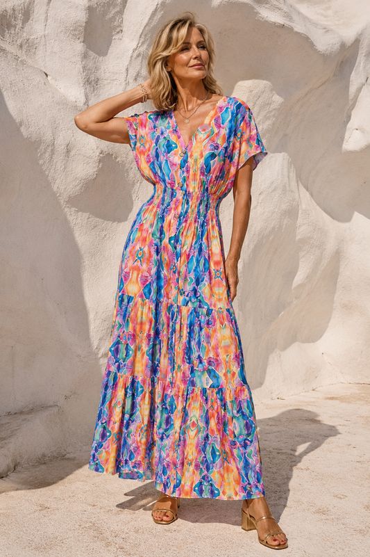Claudia Vibrant Shirred Maxi Dress Multi