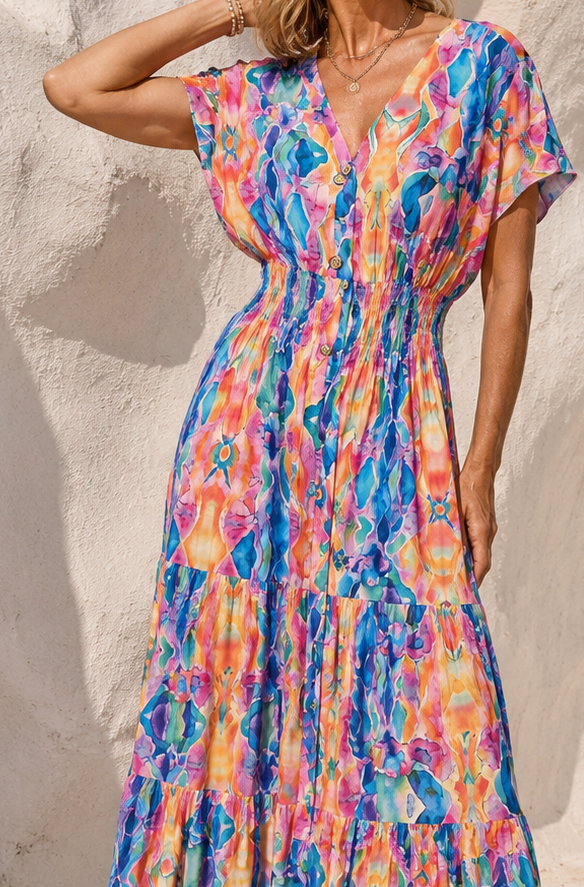 Claudia Vibrant Shirred Maxi Dress Multi