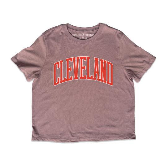 Women’s Cleveland Arch brown and orange heavyweight boxy t-shirt with collegiate Cleveland graphic