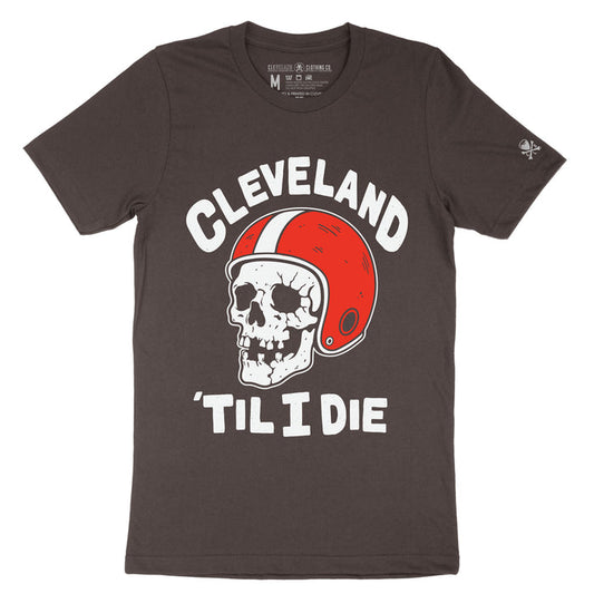 Cleveland Football Til I Die brown t-shirt with skull wearing orange vintage football helmet