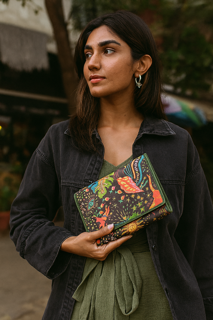 Women's coastal trifold travel wallet for daily use and trips-model image
