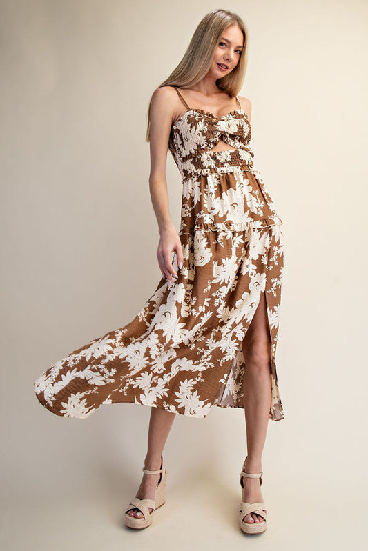 Cocoa Bloom Smocked Maxi Dress - Brown
