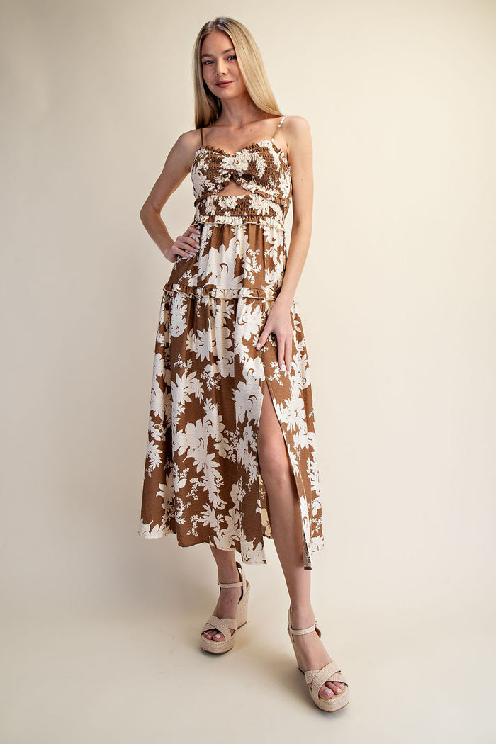 Cocoa Bloom Smocked Maxi Dress - Brown