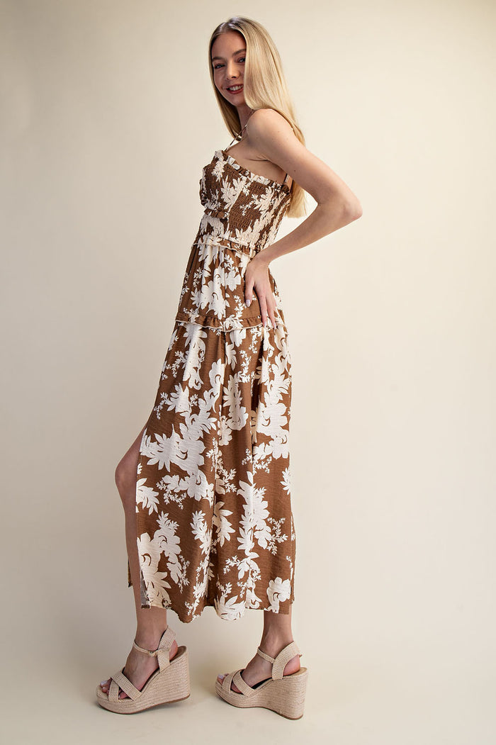 Cocoa Bloom Smocked Maxi Dress - Brown