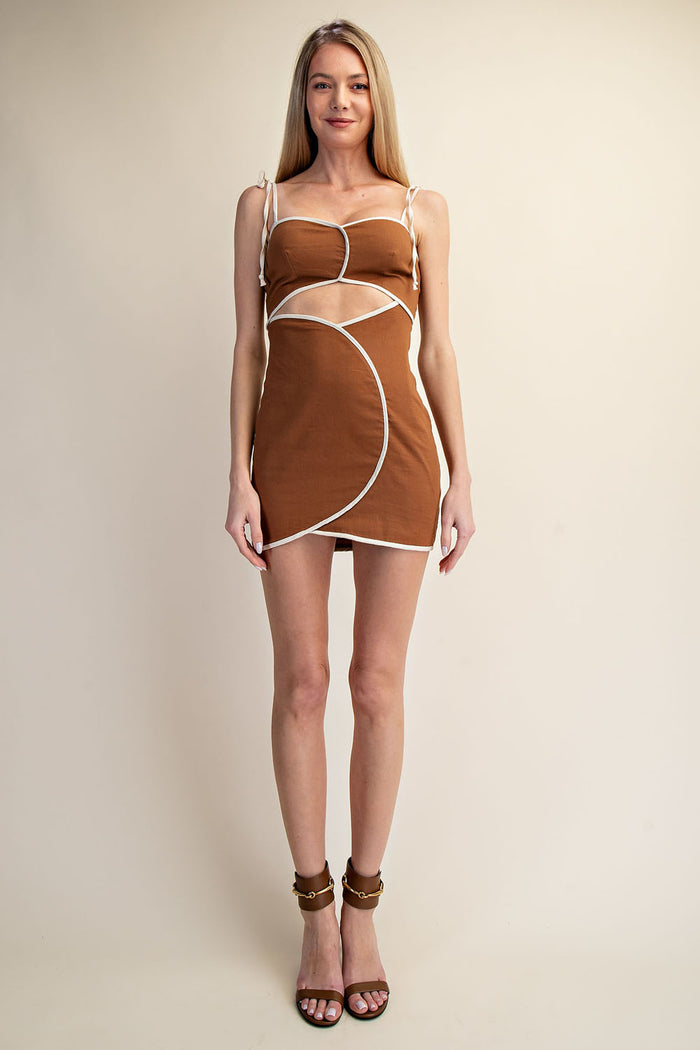 Contrast Trim Cutout Mini Dress - COGNAC/TAUPE