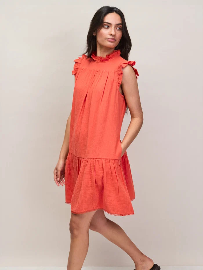 Coral Cheesecloth Frill Neck Mini Dress