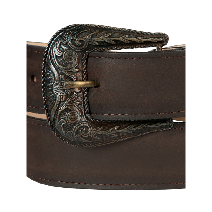 Brown leather belt with intricate silver buckle