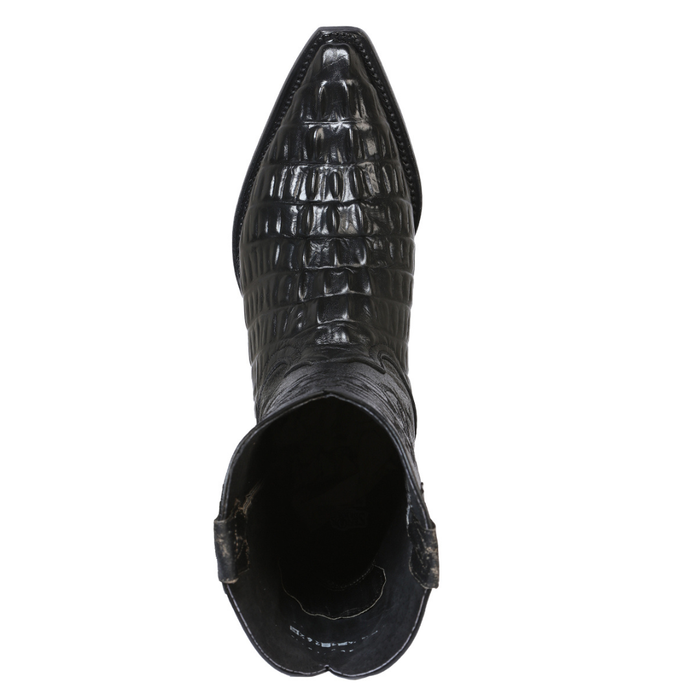 Men’s black cowboy boot with imitation exotic caiman belly texture, pointed toe, and intricate shaft stitching – luxury western boot handcrafted from genuine leather.