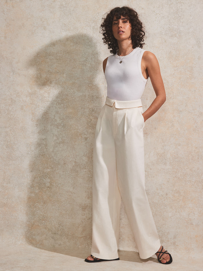 Cream Folded-Waistband Trousers