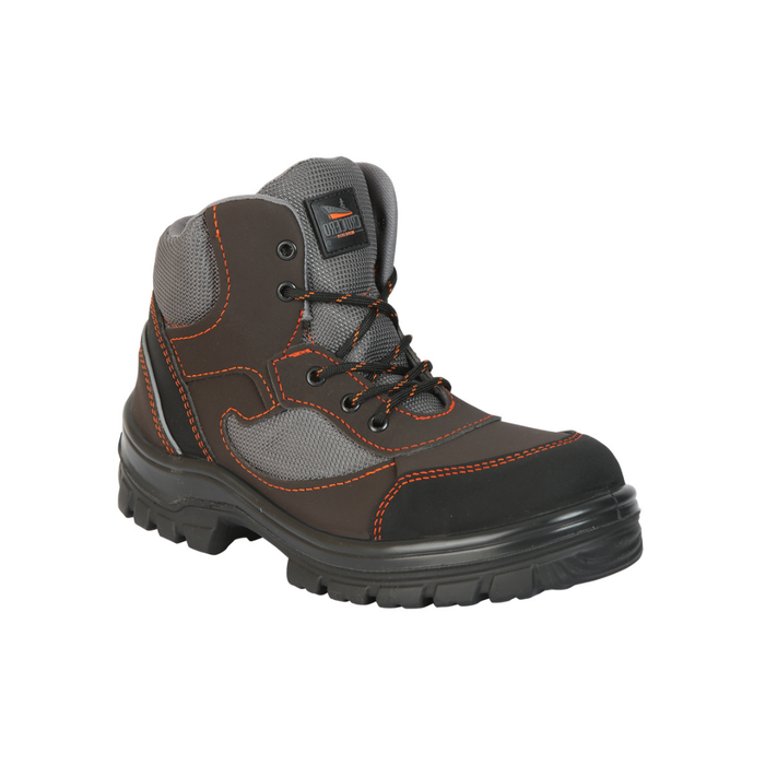 Brown and gray work boot with orange stitching