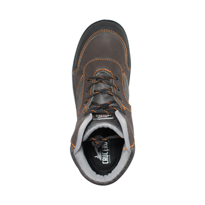 Brown and gray work boot with orange stitching