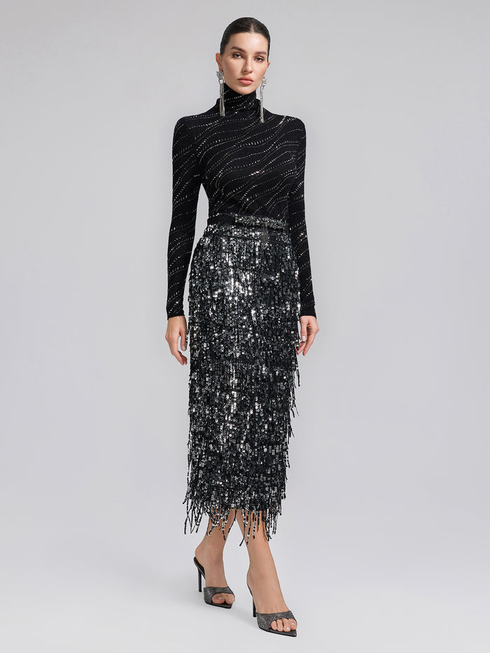 Crystal-Embellished Stretch Wool Turtleneck Top