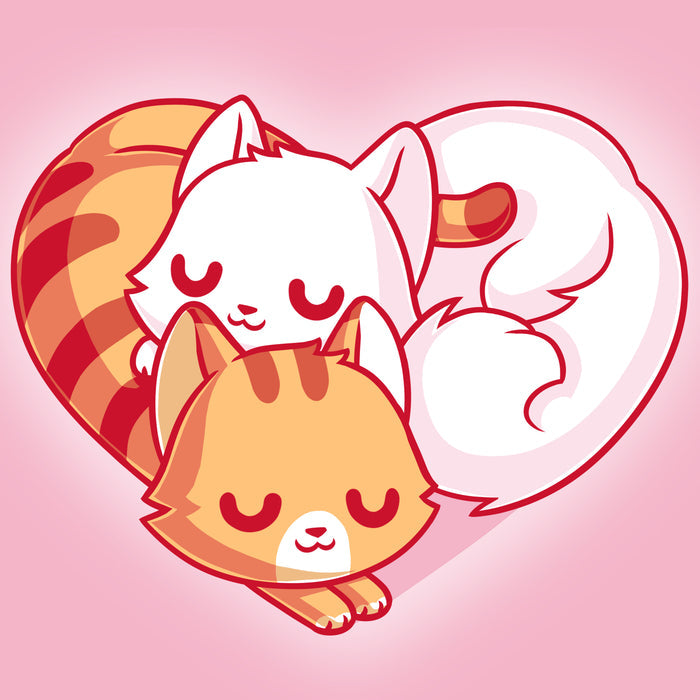 Premium Cotton T-shirt_TeeTurtle light pink Cuddling Kitties apparel featuring two cats snuggling together, forming a heart shape with their bodies and tails.