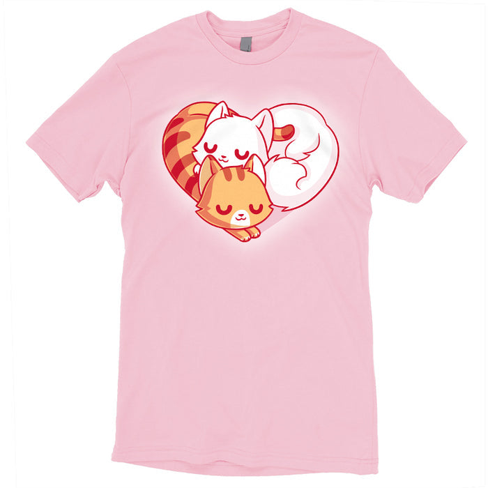 Premium Cotton T-shirt_TeeTurtle light pink Cuddling Kitties apparel featuring two cats snuggling together, forming a heart shape with their bodies and tails.