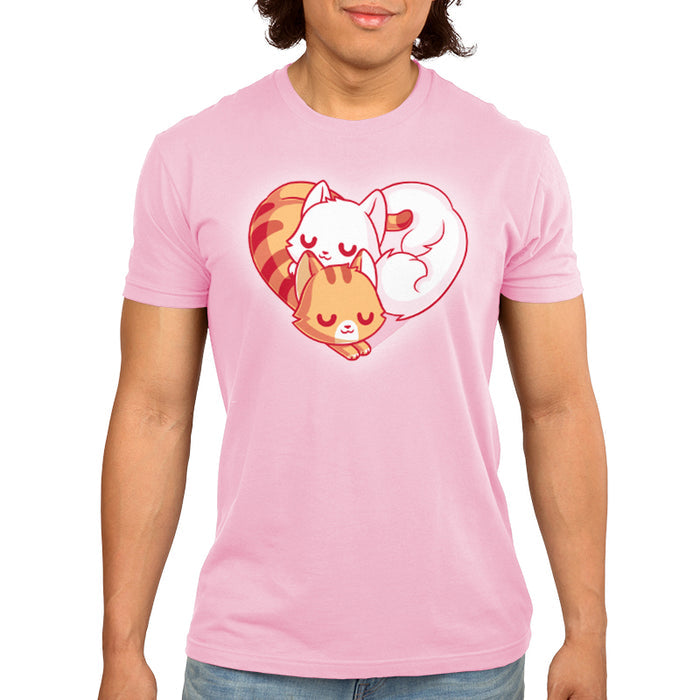 Premium Cotton T-shirt_TeeTurtle light pink Cuddling Kitties apparel featuring two cats snuggling together, forming a heart shape with their bodies and tails.