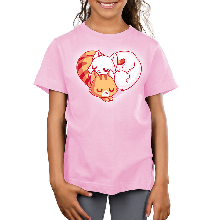 Premium Cotton T-shirt_TeeTurtle light pink Cuddling Kitties apparel featuring two cats snuggling together, forming a heart shape with their bodies and tails.
