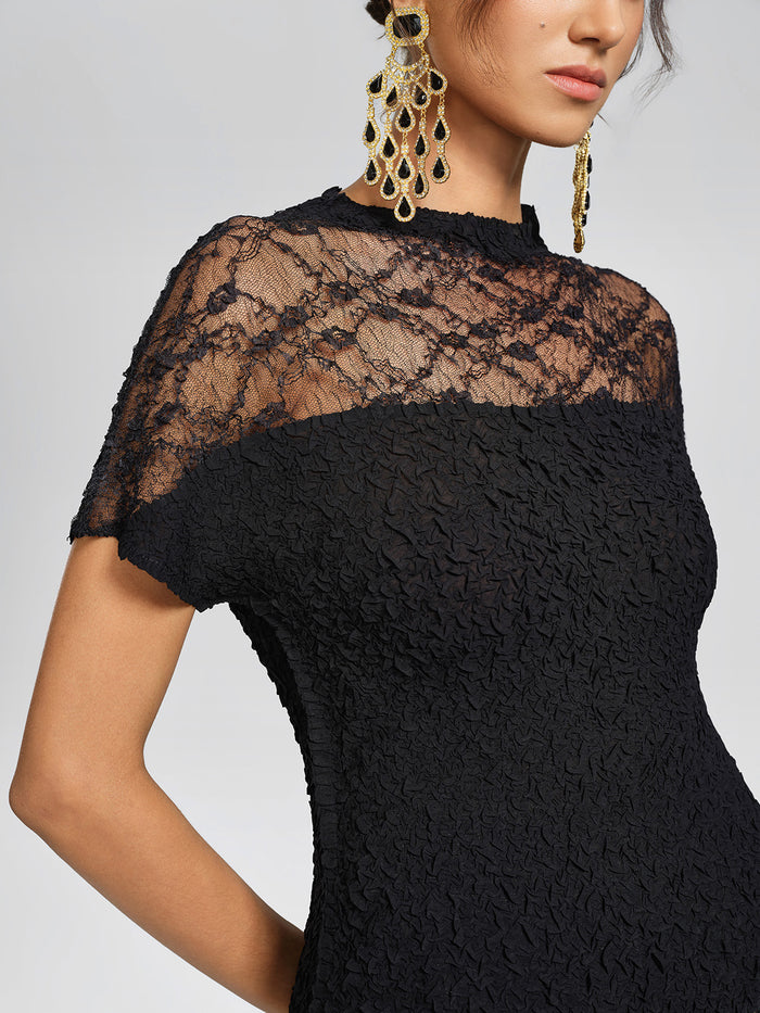 Cutout Lace Mesh Pleated Fitted Top
