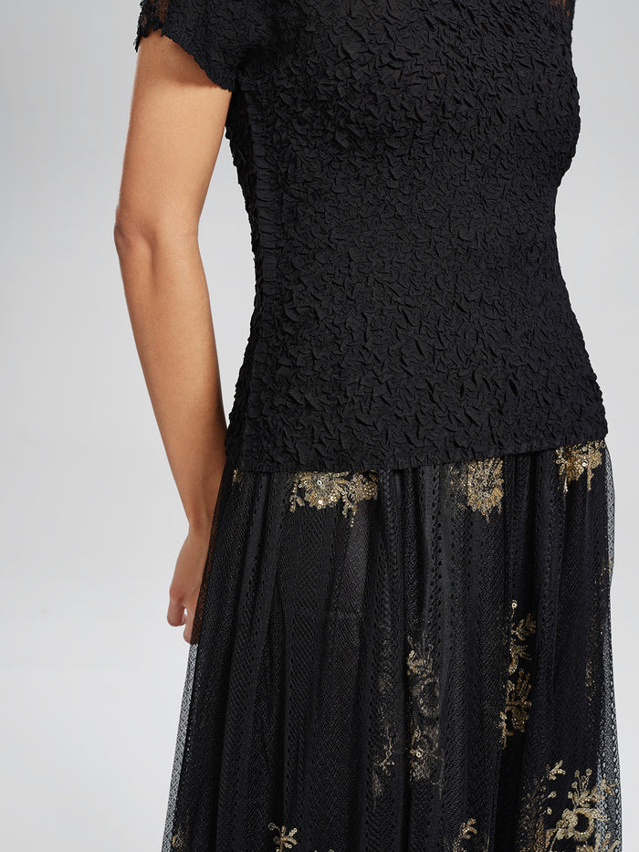 Cutout Lace Mesh Pleated Fitted Top