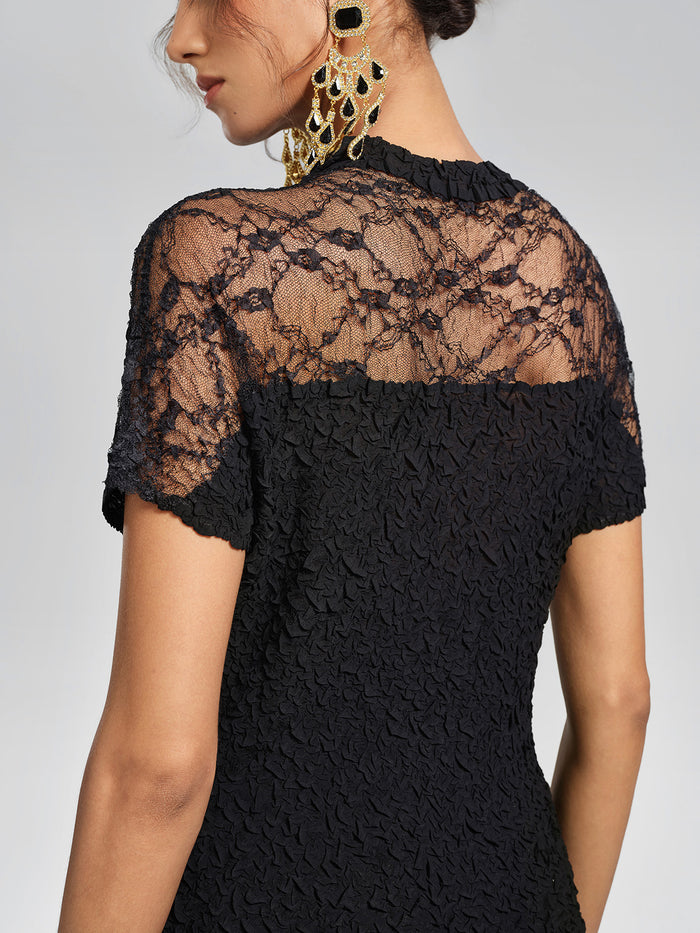 Cutout Lace Mesh Pleated Fitted Top