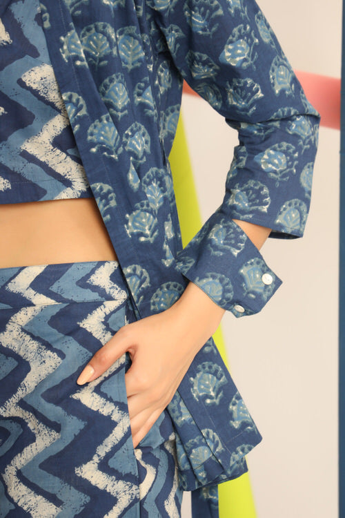 Daabu with Zigzag on Blue Cotton Three Piece Co-ord Set