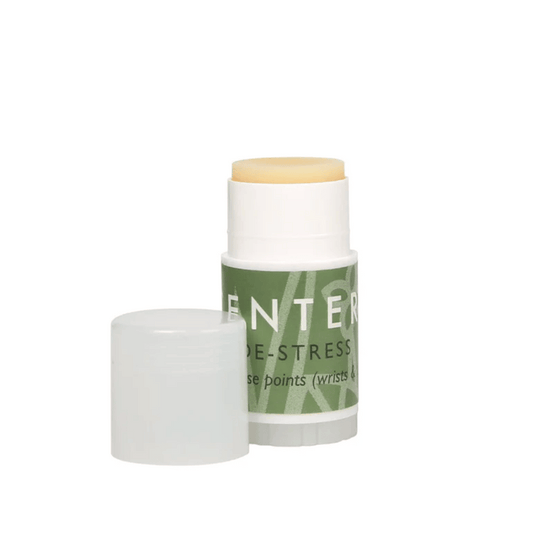 De-Stress Mini Aromatherapy Balm | Scentered in a small white twist-up container with a green label, designed for convenient application on wrists and pulse points for relaxation and wellness.