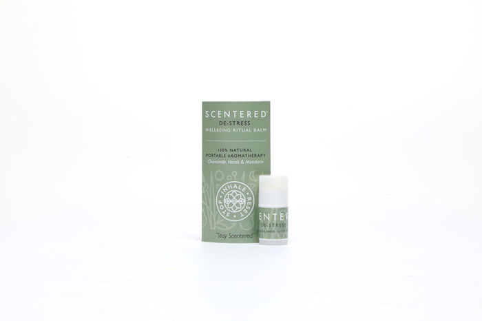 De-Stress Mini Aromatherapy Balm | Scentered in green packaging, a natural portable wellness supplement for skincare and aromatherapy relaxation.