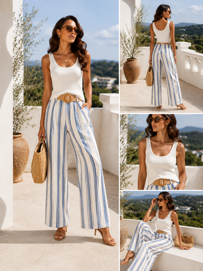 Della Belted Stripe Trousers Blue