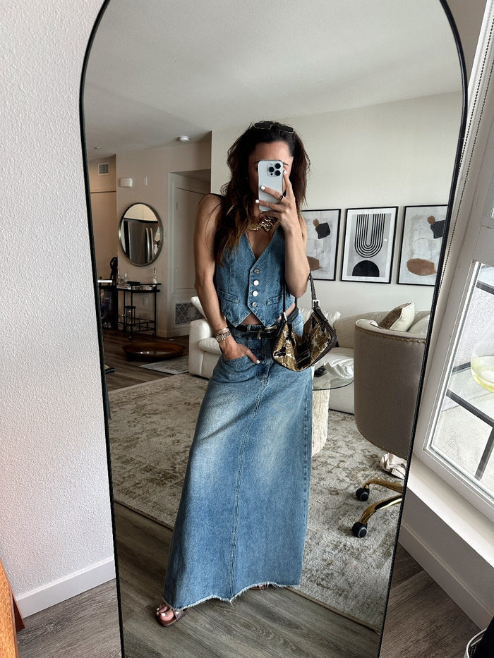 Close-up of the Diane Blue Denim Vest showcasing the denim texture and craftsmanship.