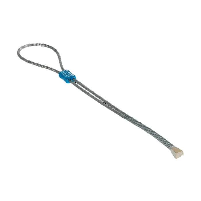 DMM HB Brass Offset micro wire with a silver cable, blue swage, and small brass head.