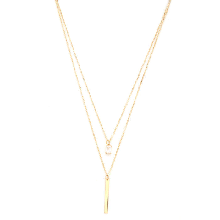 Double Layered Chain Necklace with Bar Pendant- Gold