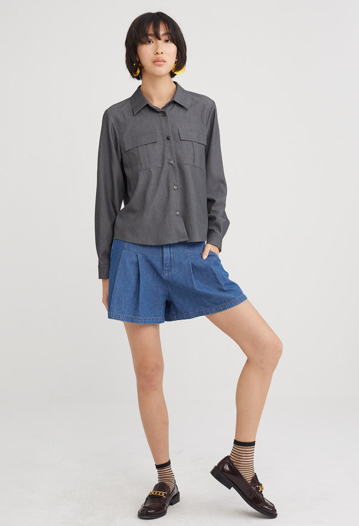 Double Pocket Button Up Blouse